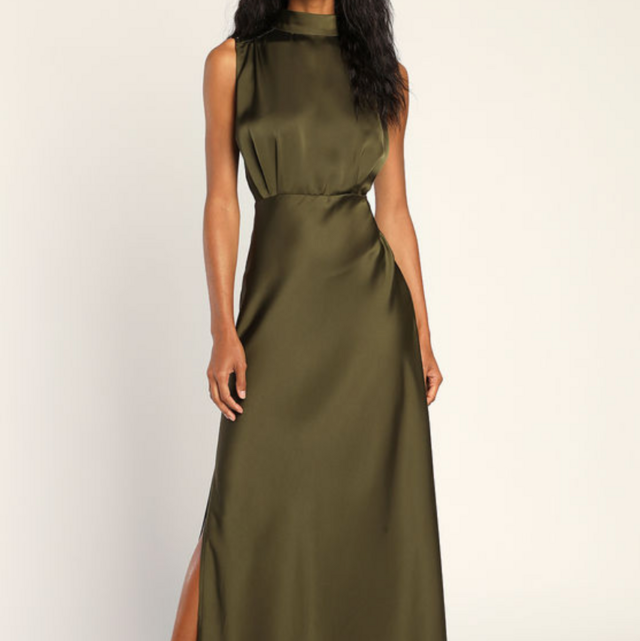 Classic Elegance Olive Satin Sleeveless Mock Neck Maxi Dress