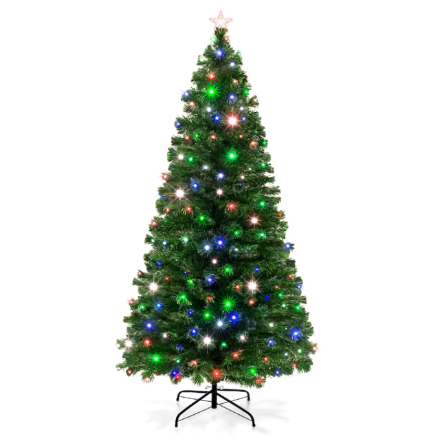 Best Choice Products 7ft Pre-Lit Fiber Optic Artificial Pine Christmas Tree