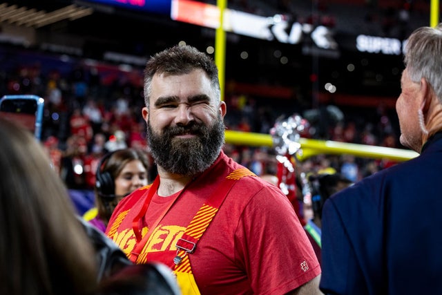 LAS VEGAS, NEVADA - FEBRUARY 11: Jason Kelce winks after the Kansas City Chiefs won Super Bowl LVIII against the San Francisco 49ers at Allegiant Stadium on Sunday, February 11, 2024 in Las Vegas, Nevada.