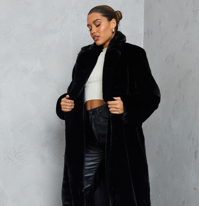 Pretty Little Thing Black Faux Fur Plush Military Maxi Coat