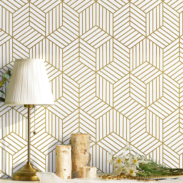 CiCiwind Peel and Stick White and Gold Geometric Wallpaper