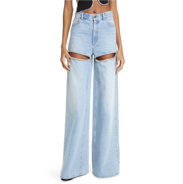 Area Crystal Slit Cotton Denim Wide Legs Jeans