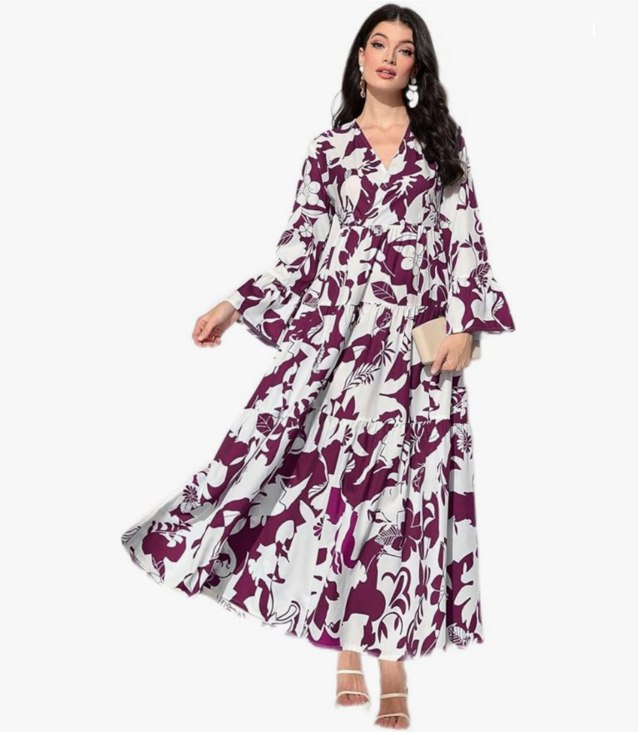 Reilleto Floral Print Flounce Sleeve Ruffle Hem Dress Dress