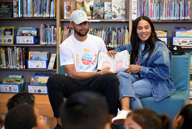 Stephen Curry and Ayesha Curry attend the launch of Stephen & Ayesha Curry's Eat. Learn. Play. New Movement while visiting Lockwood STEAM Academy on September 06, 2023 in Oakland, California.