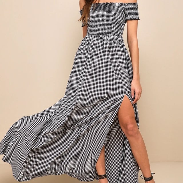 Lulus Patsy Black and White Gingham Off-the-Shoulder Dress