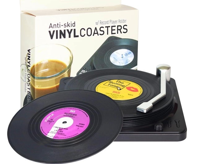 DuoMuo Retro Record Coasters for Drinks with Vinyl Player Holder for Music Lovers, Set of 6