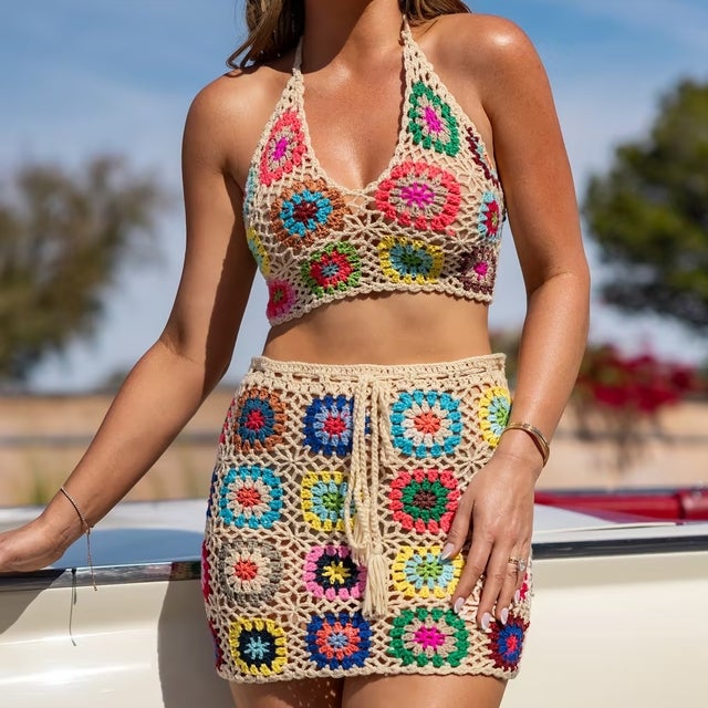 Cupshe x JoJo Floral Crochet Crop Top and Mini Skirt