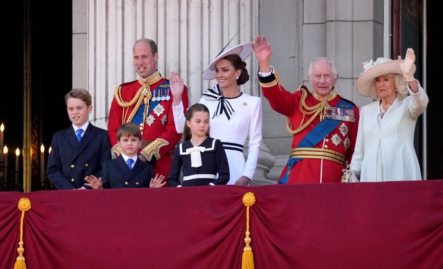 Prince William, Kate Middleton, Prince George, Prince Louis, Princess Charlotte, King Charles III and Queen Camilla