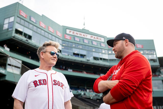 Gordon Ramsay chatted with Liam Hendriks of the Boston Red Sox before throwing a ceremonial first pitch on June 25.