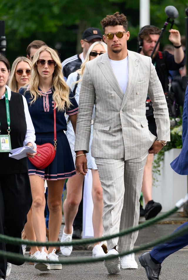 Patrick Mahomes and Brittany Mahomes attend day five of the Wimbledon Tennis Championships at the All England Lawn Tennis and Croquet Club on July 05, 2024 in London, England.