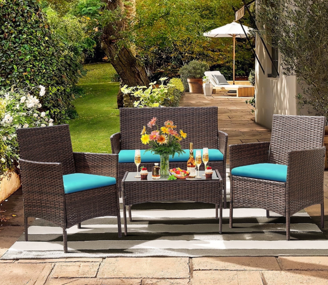 Lacoo 4 Pieces Outdoor Brown PE Rattan Wicker Table and Chairs Set Balcony Tempered Glass