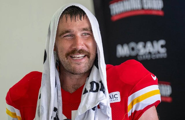 Kansas City Chiefs tight end Travis Kelce smiles as he talks to the media during training camp at Missouri Western State University on Saturday, July 27, 2024, in St. Joseph, Missouri.