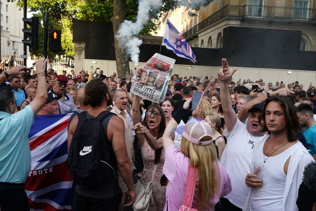 People attend the 'Enough is Enough' protest in Whitehall, London, following the fatal stabbing of three children at a Taylor Swift-themed holiday club on Monday in Southport. Picture date: Wednesday July 31, 2024. 