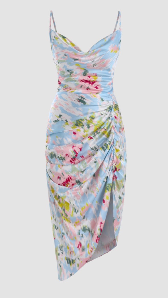 Illusion Floral Ruched Cowl Neck Midi Dress