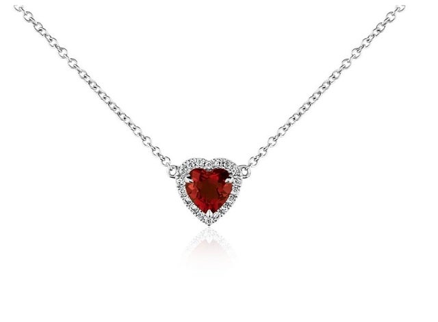 Heart-Shaped Garnet and Diamond Pendant in 18k White Gold