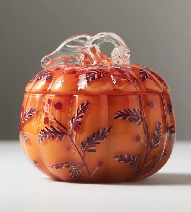 Anthropologie Hand-Painted Pumpkin & Sweet Vanilla Glass Pumpkin Candle