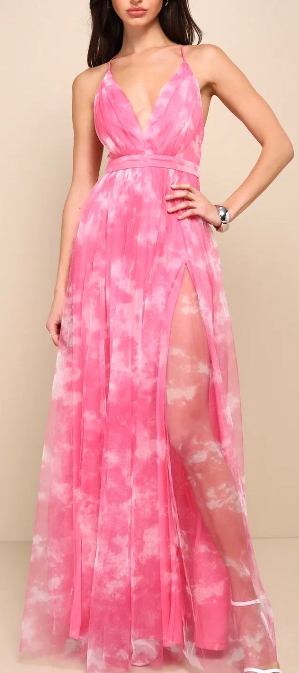 Lulu's Elegant Moment Hot Pink Tie-Dye Backless Maxi Dress