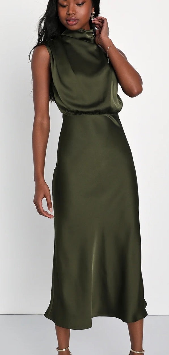 Lulu's Distinctive Charm Olive Green Satin Asymmetrical Midi Dress