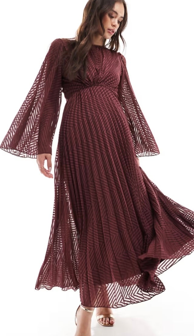  ASOS DESIGN Tie-Back Fluted Sleeve Pleated Chevron Chiffon Midi Dress in Burgundy