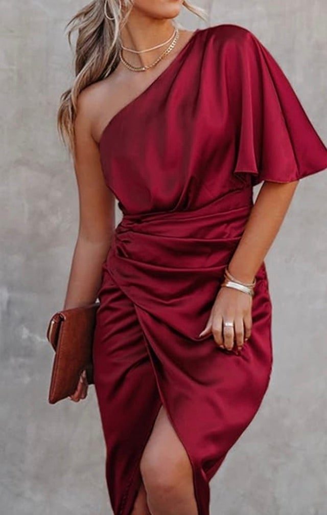 CUPSHE Women's Satin Dress Backless One Shoulder Short Sleeves Midi High Low Hem Cocktail Party Dress