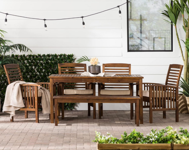 Walker Edison Rendezvous Modern 6 Piece Solid Acacia Wood Outdoor Dining Set