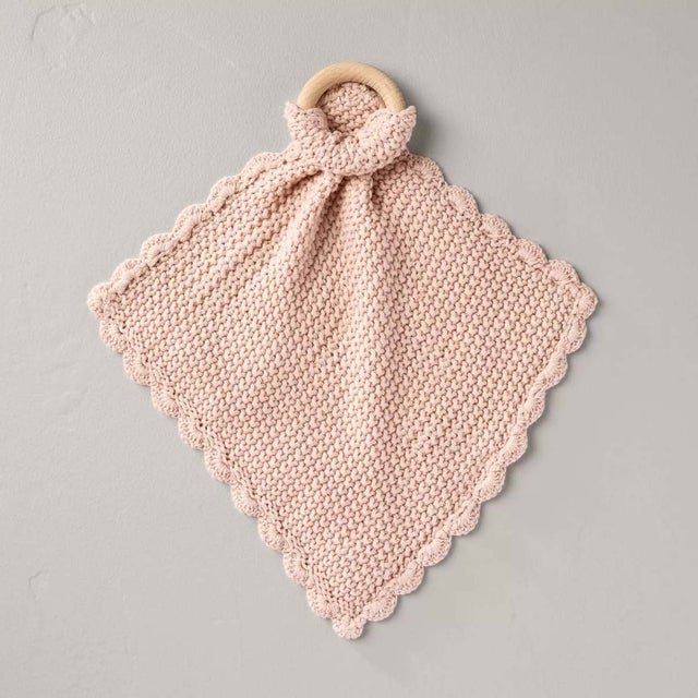 Soft Knit Baby Security Blanket with Wood Ring