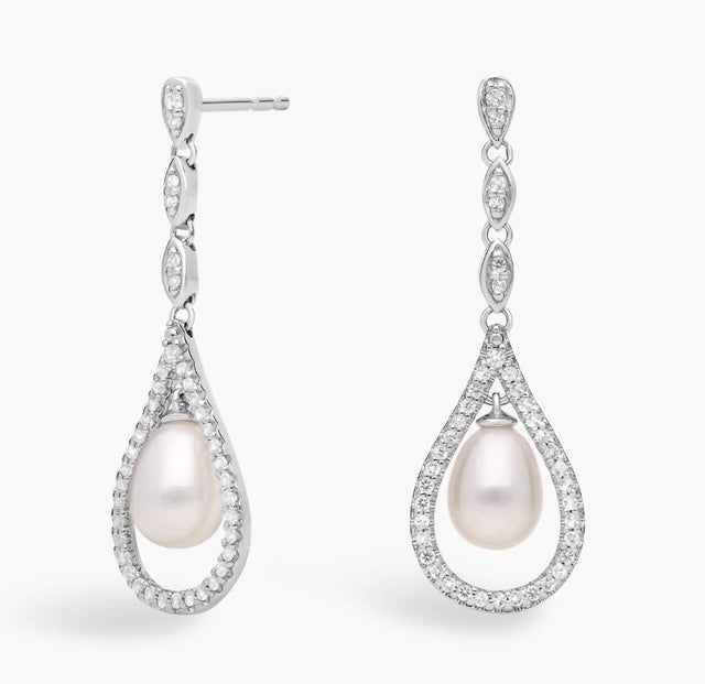 Vintage-Inspired Freshwater Cultured Pearl and White Topaz Drop Earrings in Sterling Silver 