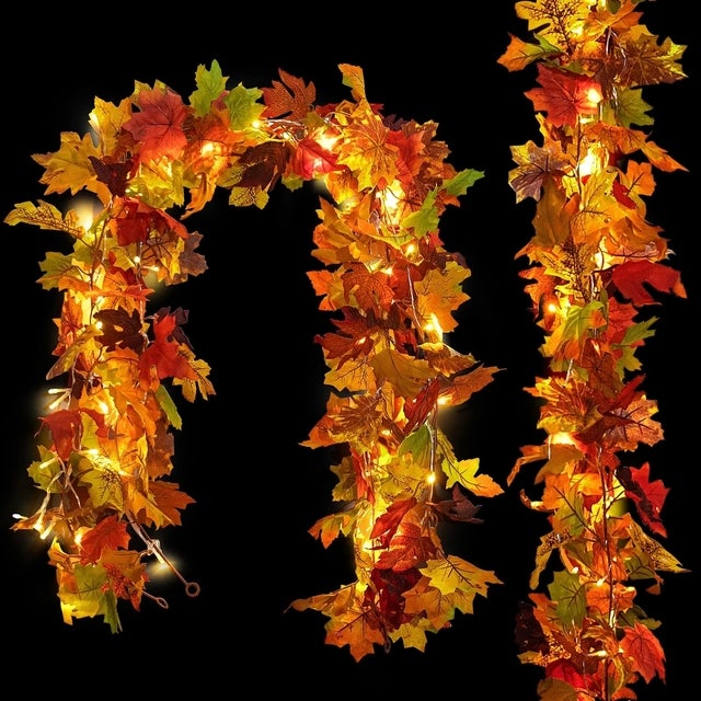 Scidweet Artificial Autumn Maple Leaves Wreath with String Lights (2 Pack)