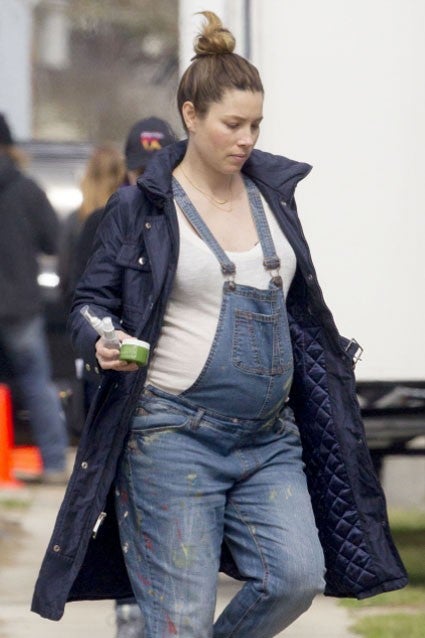 Jessica Biel's Baby Bump Is Busting Out of Her Denim Overalls
