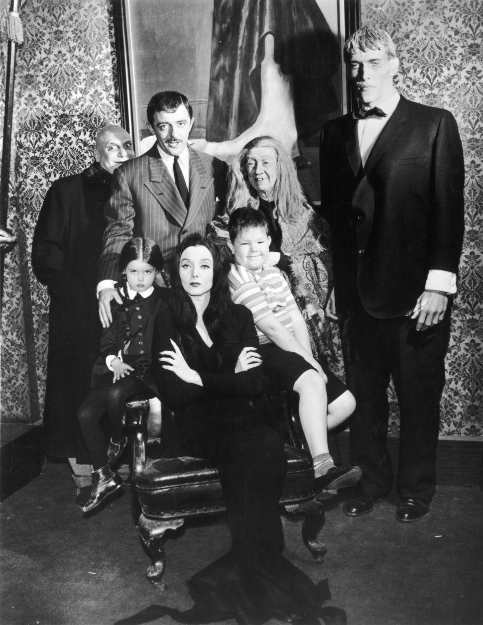 Jackie Coogan, John Astin, Blossom Rock, and Ted Cassidy, Lisa Loring, Carolyn Jones, and Ken Weatherwax