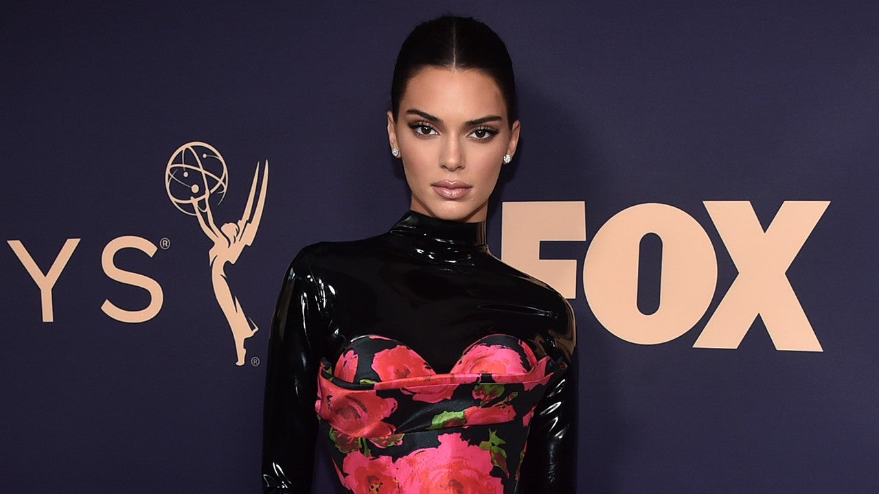 Kendall Jenner Is Back to Brunette in Edgy Floral Gown at Emmy Awards