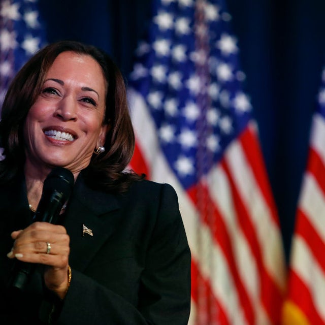 US Vice President Kamala Harris speaks at a moderated conversation with former Trump administration national security official Olivia Troye and former Republican voter Amanda Stratton on July 17, 2024 in Kalamazoo, Michigan. Harris' visit, following the attempted assassination of former President Trump, makes this her fourth trip to Michigan this year and seventh visit since taking office.