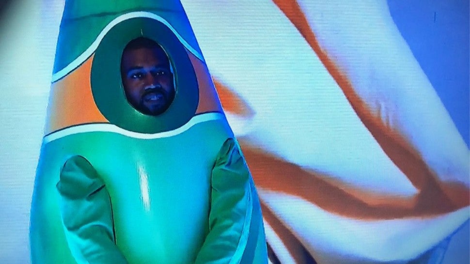 Kanye West Wears Giant Water Bottle Suit Maga Hat During Snl