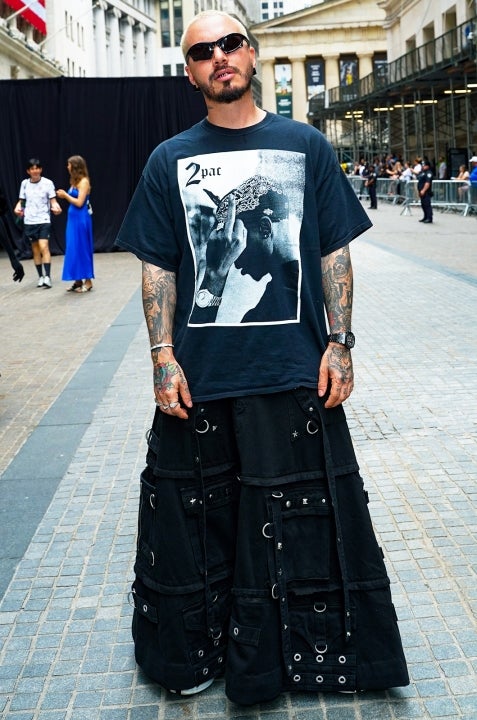 J Balvin Goes Punk in Skirt, Tupac Shirt & Sneakers to Balenciaga