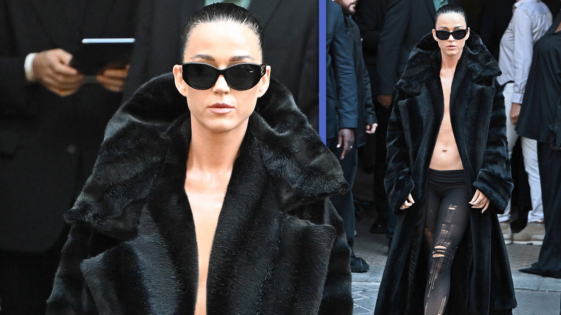 Katy Perry Wears Only a Fur Coat and Tights to Paris Fashion Week Show