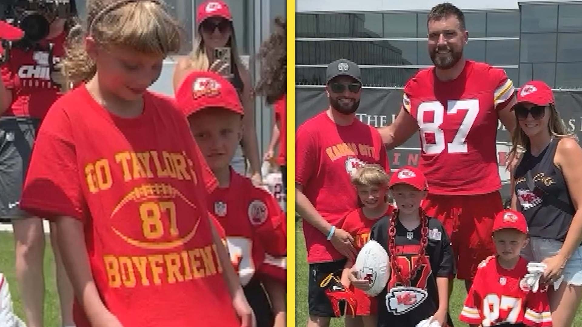 Watch Travis Kelce Meet Young Cancer Survivor and Sister Sporting 'Go Taylor's Boyfriend' Shirt
