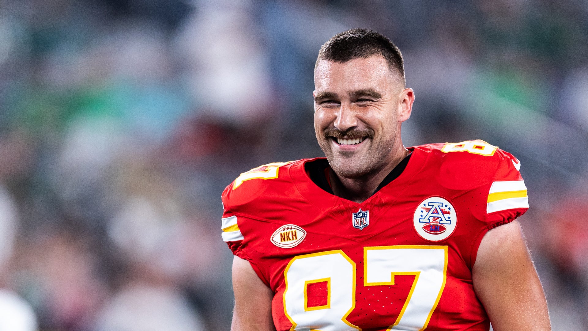 Travis Kelce #87 of the Kansas City Chiefs looks on prior to the game New York Jets at MetLife Stadium on October 01, 2023 in East Rutherford, New Jersey.